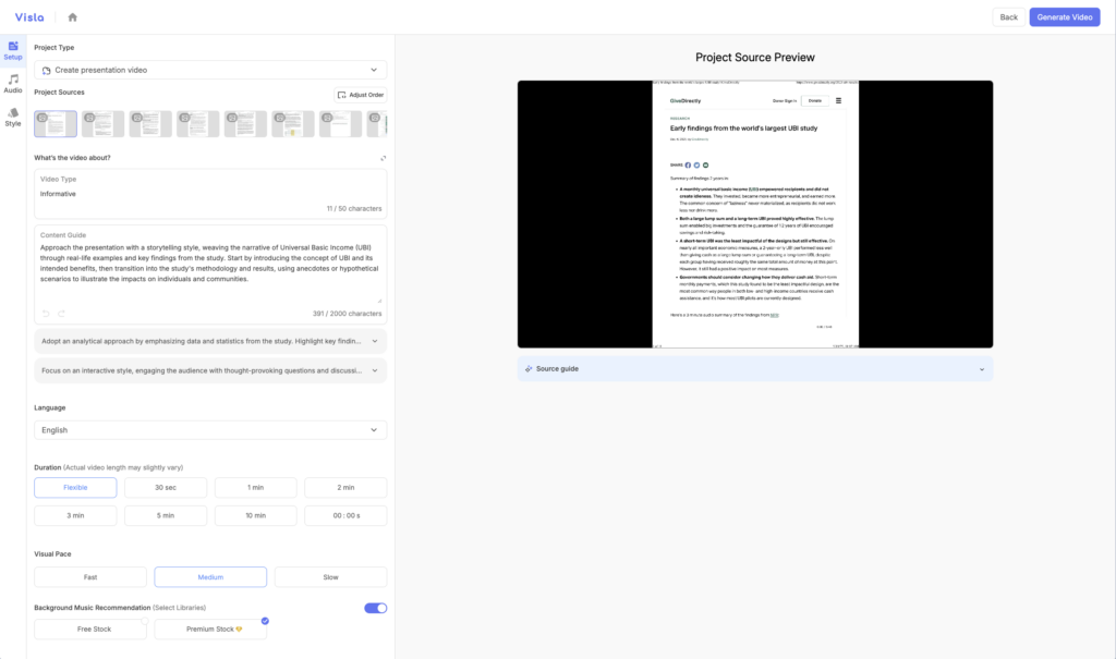 The main options page for Visla's AI video creator feature. 
